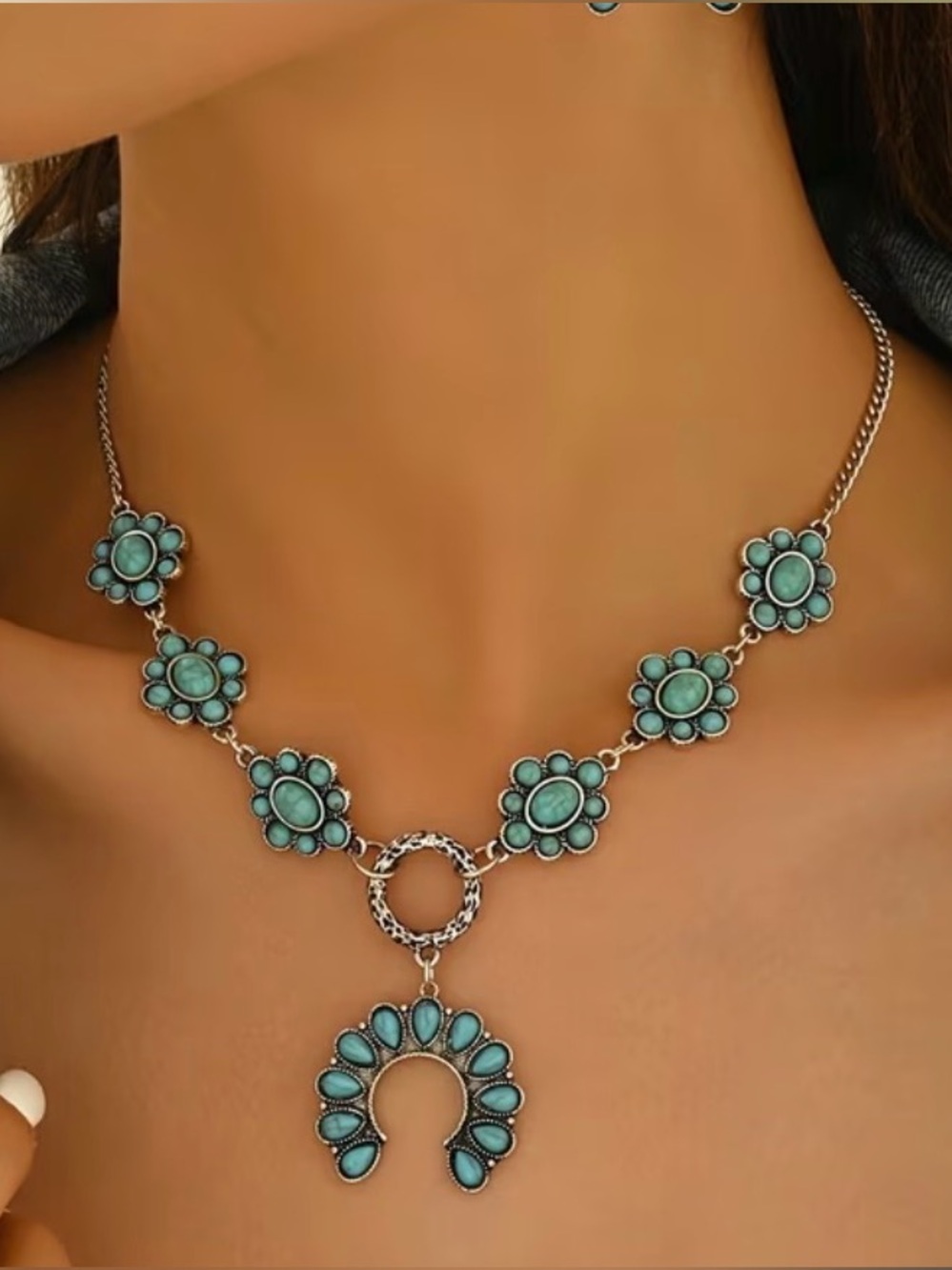 Western Turquoise Floral Statement Necklace Bohemian Necklace Cowgirl Necklace - Picture 5 of 6